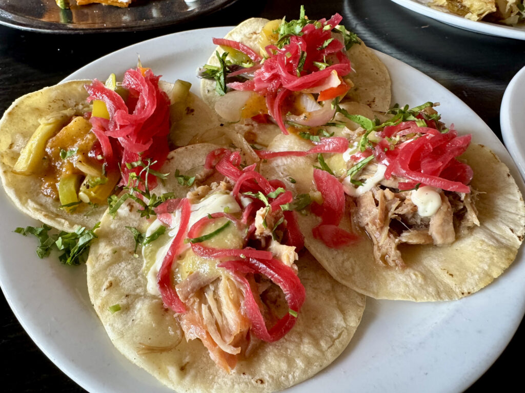 Veggie and chicken tacos at Tamayo bottomless breakfast